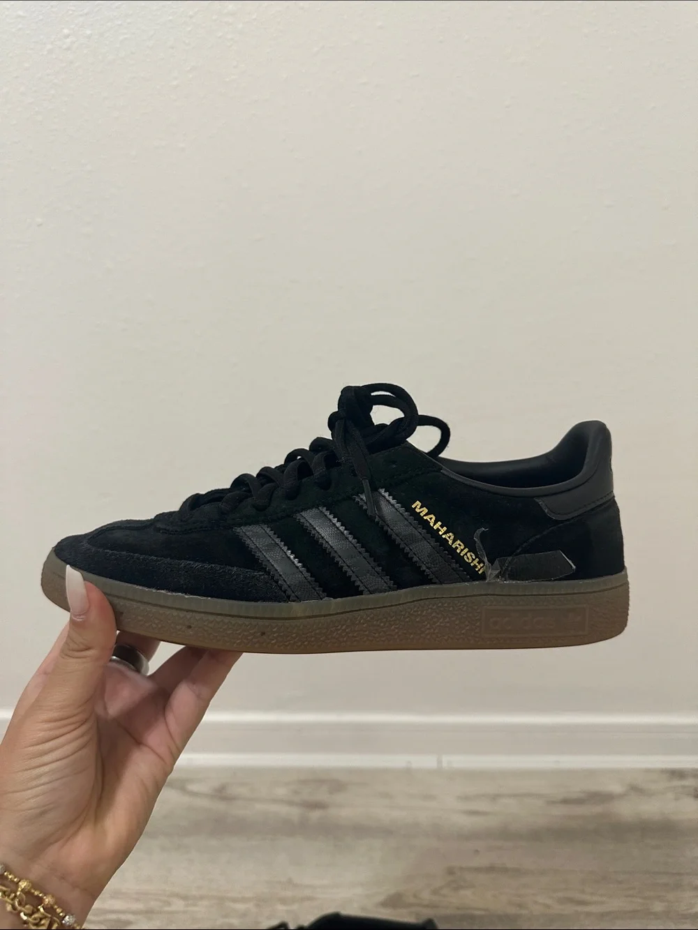 adidas Maharishi black suede sneakers with gum sole